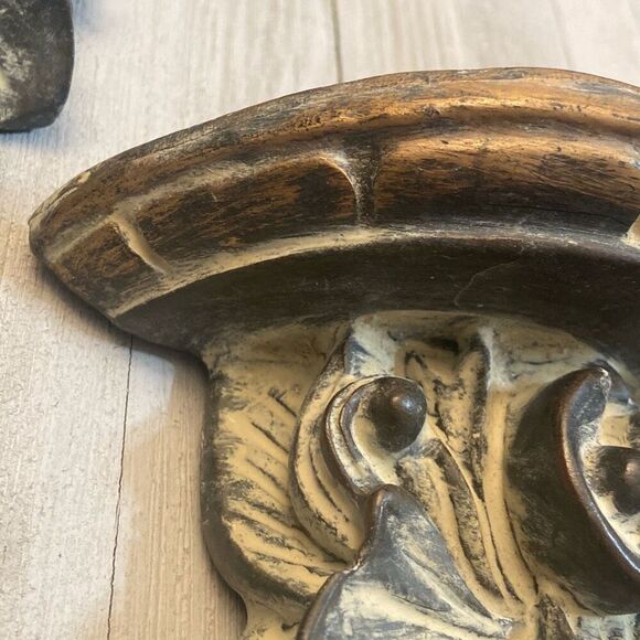 Pair Acanthus Leaf Ornate Wall Shelves Distressed Gold Brown Tan Tones Regency - Picture 2 of 12